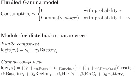 Mathematical equations defining a Hurdled Gamma model for consumption, including hurdle and gamma components with their respective parameters.