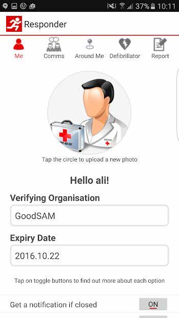 Smartphone screen of "Responder" app displaying user profile details, including an avatar of a medical professional and fields for organization and expiry date.