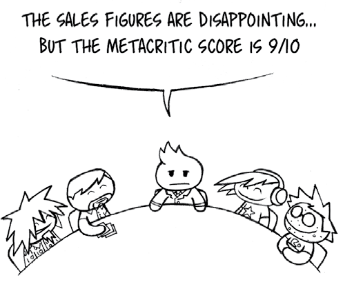 Cartoon showing a sad character at a table announcing "THE SALES FIGURES ARE DISAPPOINTING... BUT THE METACRITIC SCORE IS 9/10", while others look thoughtful.