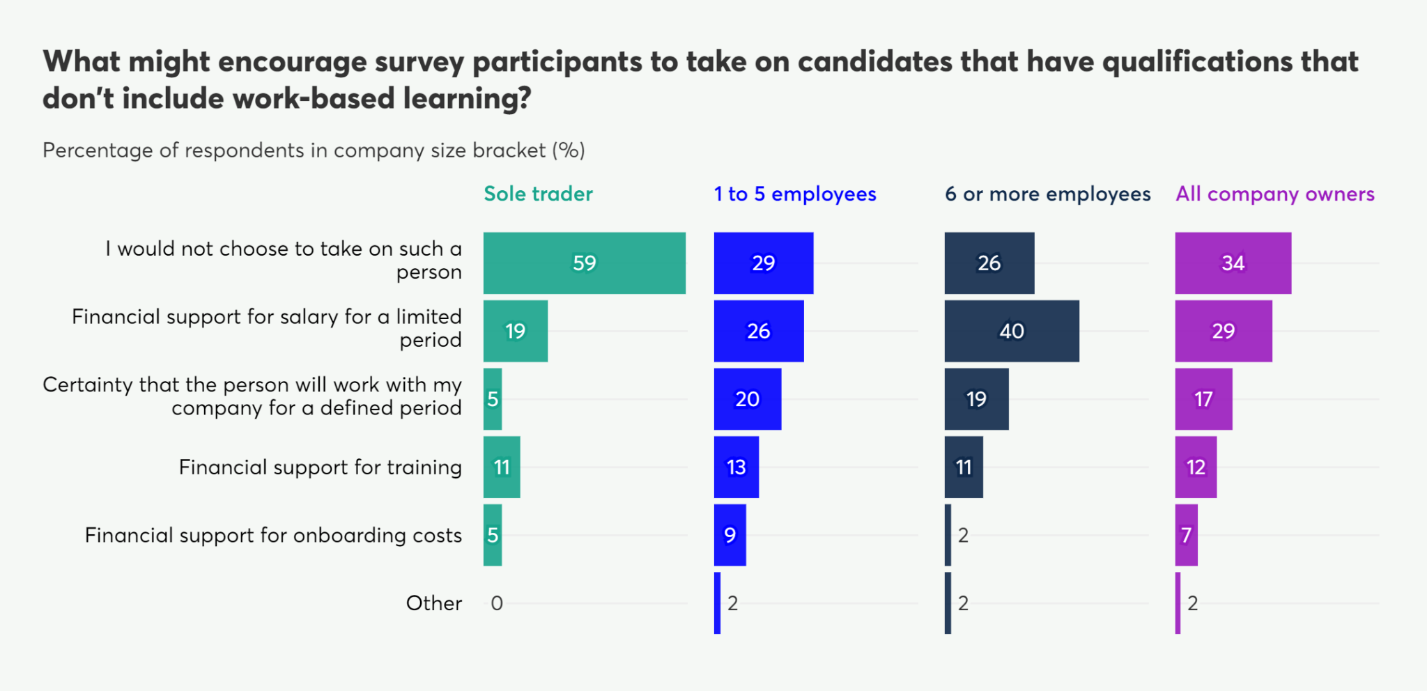 Horizontal bar chart illustrating factors that might encourage survey participants to hire candidates lacking work-based learning qualifications, broken down by company size.
