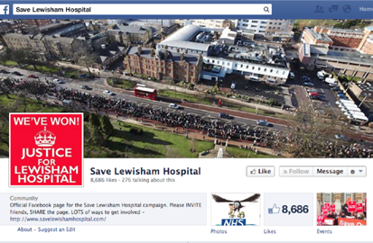 Screenshot of the "Save Lewisham Hospital" Facebook page, showing a protest aerial view, a "WE'VE WON!" banner, and page statistics.