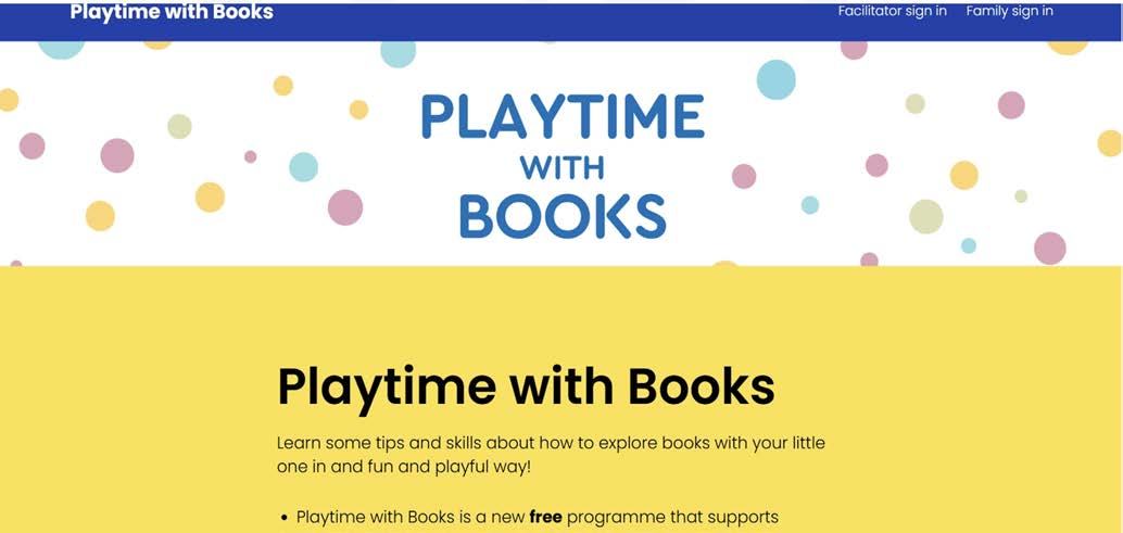 A screenshot of the "Playtime with Books" website homepage, displaying the title, program description, and navigation links.
