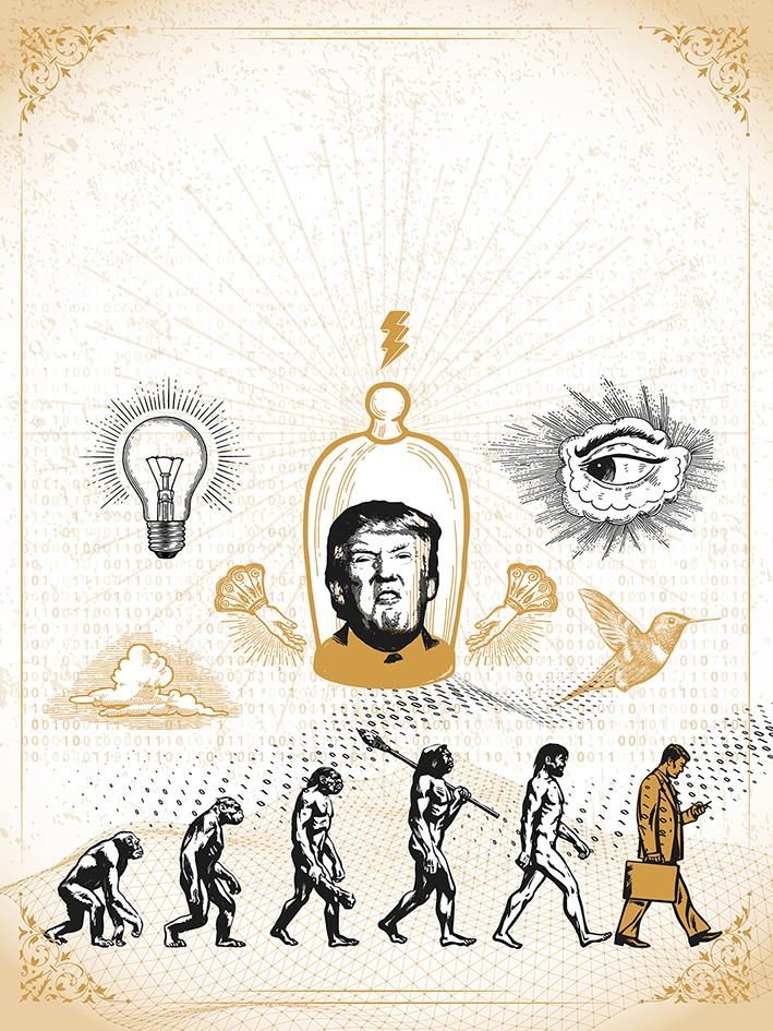 Conceptual illustration showing human evolution from ape to modern man with a smartphone, juxtaposed with symbols of ideas, surveillance, and Donald Trump's head in a bell jar, set against a background of binary code.