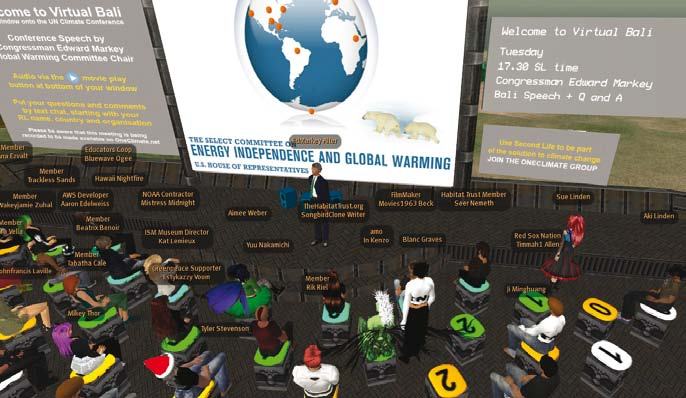 Screenshot of a virtual climate conference in a 3D environment with avatars, a presentation screen showing a globe, and event details.