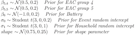 List of statistical prior distributions for various parameters including beta coefficients for EAC groups and battery, sigma for event and household random intercepts, and a shape parameter.