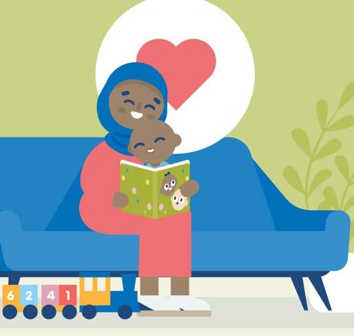 An illustration of a mother in a headscarf reading a book to her baby on a couch, with a heart symbol and a toy train nearby.