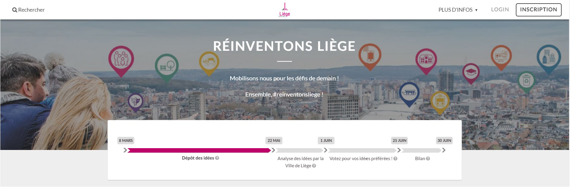 Screenshot of the "Réinventons Liège" website showing a project timeline from March 8th to June 30th and various interactive location icons over a city skyline.
