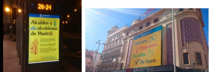 Two photos showing "Decide Madrid" public advertisements: a digital street display at night and a large building billboard during the day.