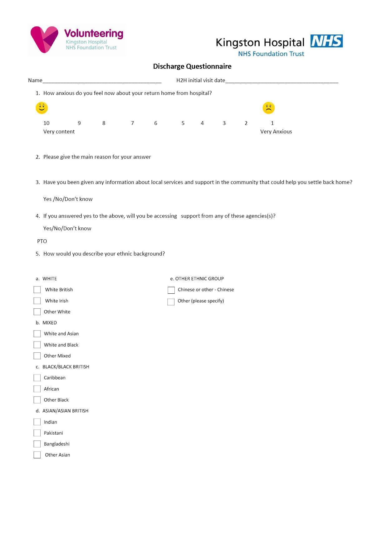 Discharge Questionnaire for patients, asking about feelings on returning home, support, and ethnic background, with a satisfaction scale.
