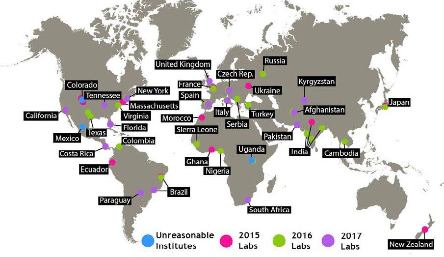 World map showing the geographic distribution of Unreasonable Institutes and labs from 2015, 2016, and 2017 across various countries.