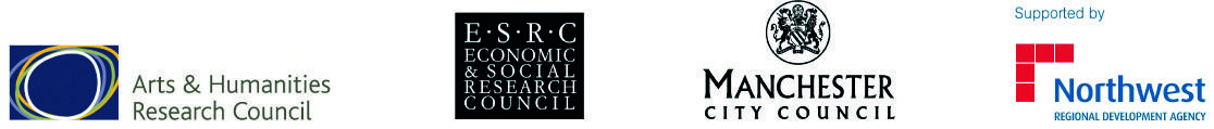 Logos of the Arts & Humanities Research Council, Economic & Social Research Council, Manchester City Council, and Northwest Regional Development Agency, indicating support and affiliation.