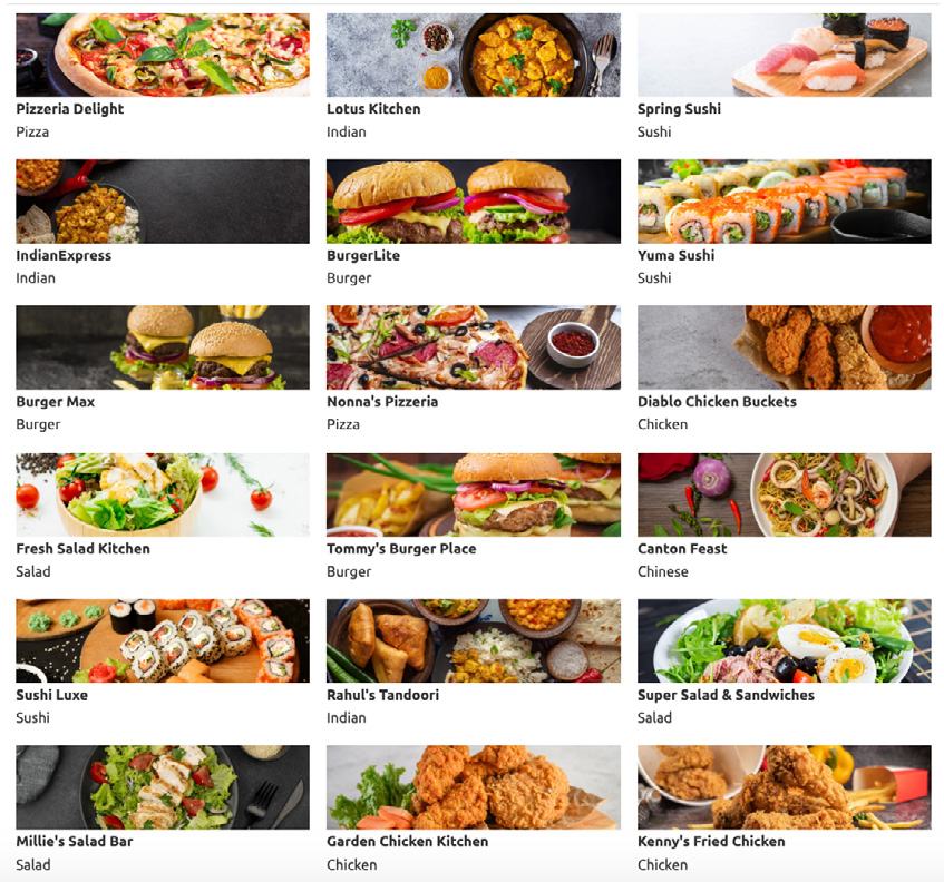 Grid of restaurant options with food images, names, and cuisine types, like "Pizzeria Delight Pizza" and "BurgerLite Burger."