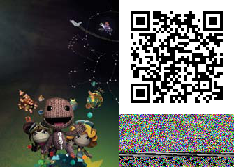 A composite image displaying video game art, a scannable QR code, and a colorful static pattern, likely providing access to digital content.