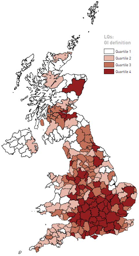Choropleth map of the UK displaying regional data for LQs by GI definition, categorized into four quartiles.
