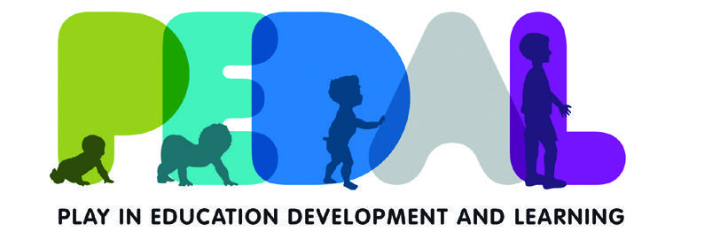 Logo for PEDAL (Play in Education Development and Learning) showing children's silhouettes at different developmental stages forming the letters.