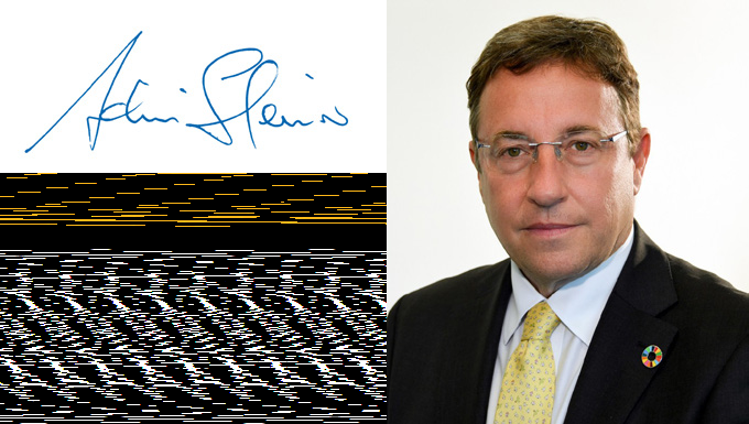 A composite image featuring a handwritten signature of "Adam Steins" and a portrait of a man in glasses and a suit.