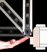 Close-up of a mechanical hinge or rail system and a technical drawing of a wooden joint, illustrating product components.
