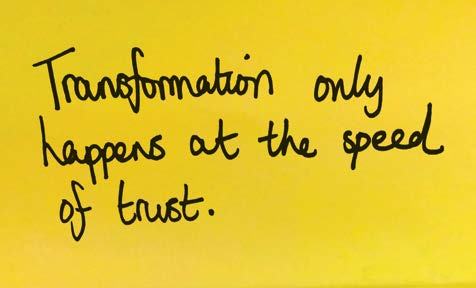 Handwritten quote on a yellow background: "Transformation only happens at the speed of trust."