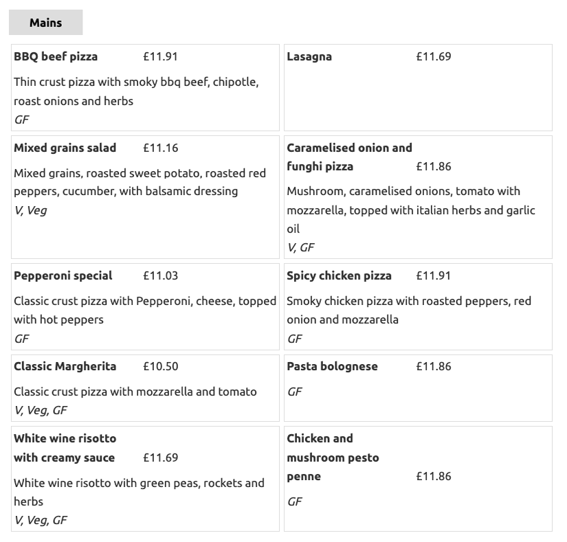 Menu list for "Mains" section, showing items like "BBQ beef pizza" and "Mixed grains salad" with prices, descriptions, and dietary info.
