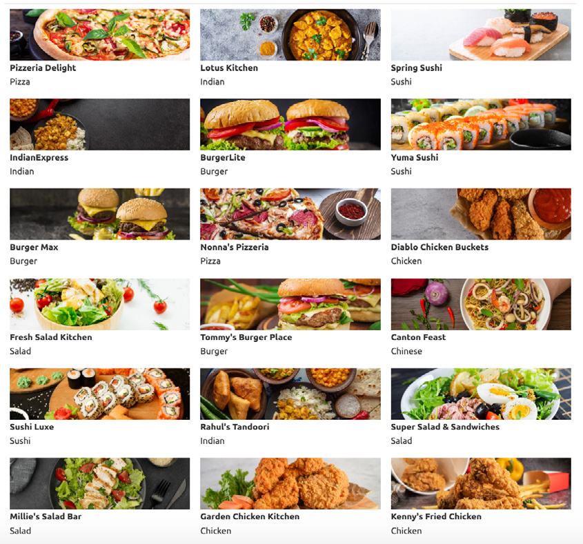 Grid of restaurant options with food images, names, and cuisine types, like "Pizzeria Delight Pizza" and "BurgerLite Burger."