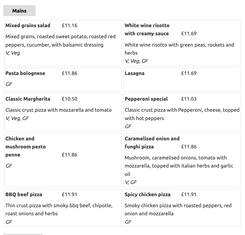 Menu list for "Mains" section, showing items like "Mixed grains salad" and "White wine risotto" with prices, descriptions, and dietary info.