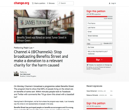 Screenshot of a Change.org petition page titled 'Channel 4 (@Channel4): Stop broadcasting Benefits Street...' with a sign-up form.
