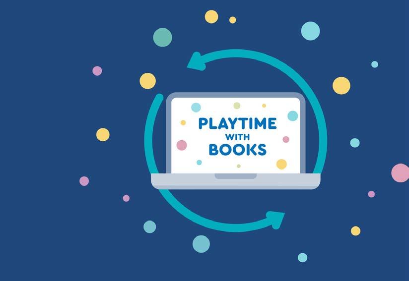 An illustration of a laptop showing "Playtime with Books" with circular arrows and colorful dots, suggesting online access or a continuous process.