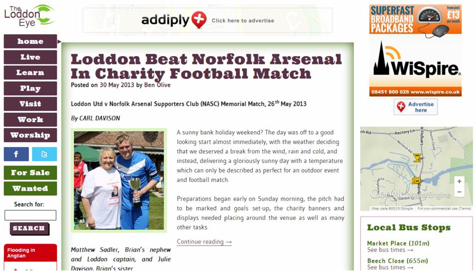 Screenshot of "The Loddon Eye" website featuring a news article about a charity football match, including a photo of two men with a trophy, navigation, and a small map.