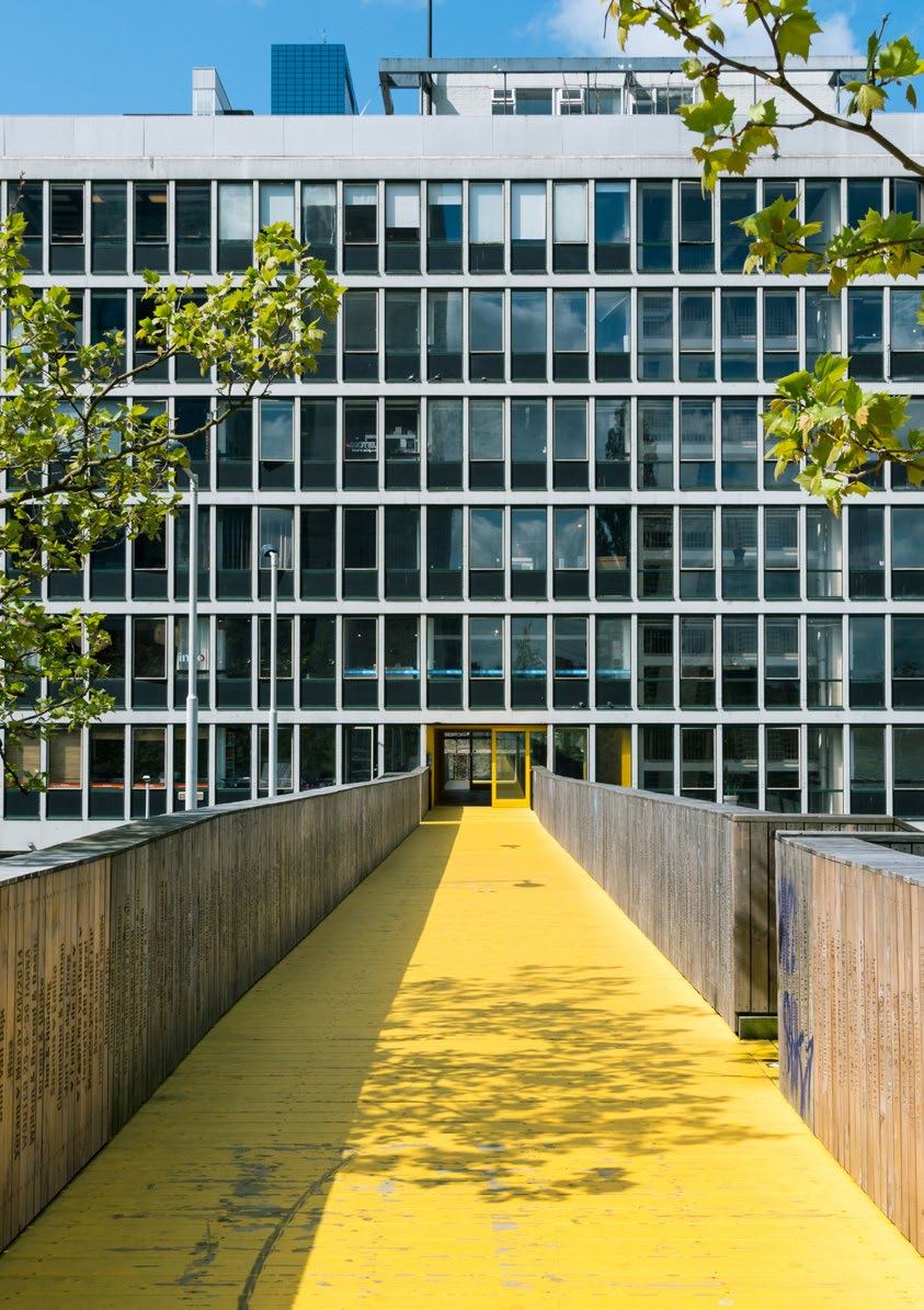 A modern building with many windows, approached by a bright yellow pedestrian bridge on a sunny day.