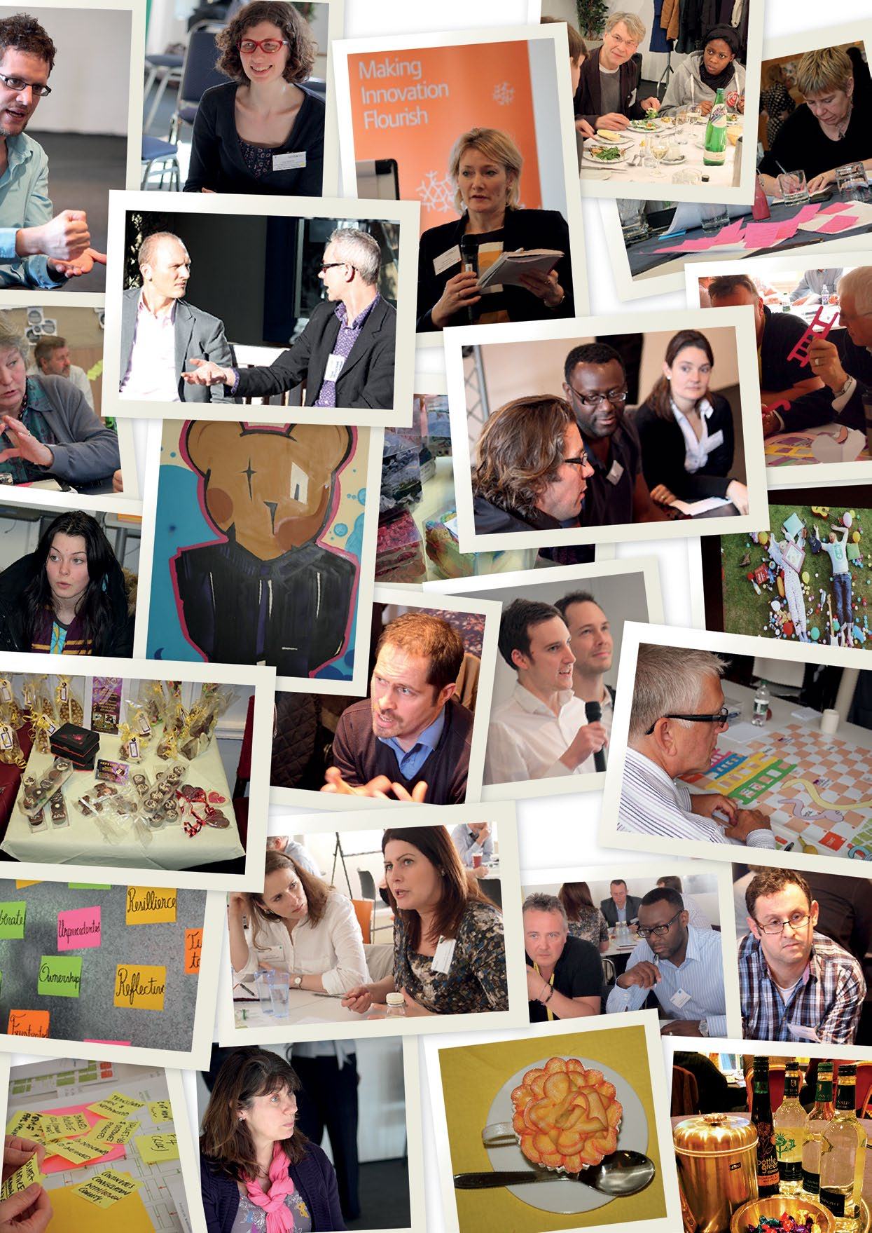 Collage of event photos showing people in various workshops and discussions. Visible elements include sticky notes, a board game, and small gifts on display.
