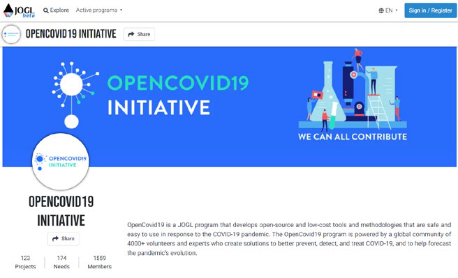 Screenshot of the JOGL OpenCovid19 Initiative website page, showing its banner, logo, and project description