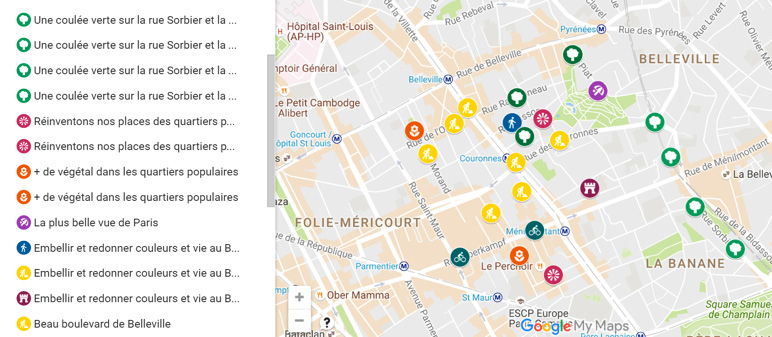 Map showing locations of urban proposals and projects in a city, with a legend describing each type of icon.