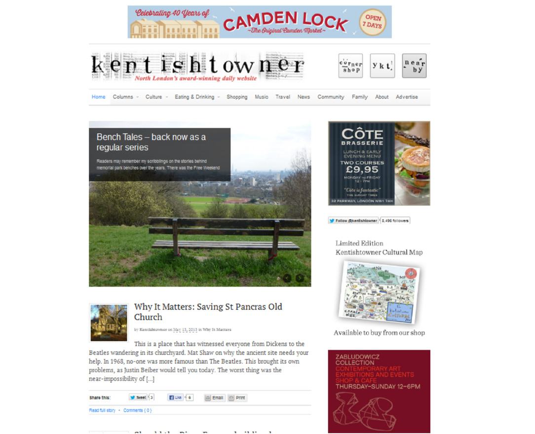 Screenshot of the "kentishtowner" website displaying articles, a large image of a park bench, an ad for Côte Brasserie with a burger, and a small "Kentishtowner Cultural Map" graphic.