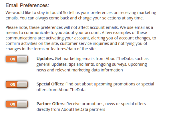 Screenshot of "Email Preferences" with three "ON" toggle switches for receiving marketing updates, special offers, and partner offers.