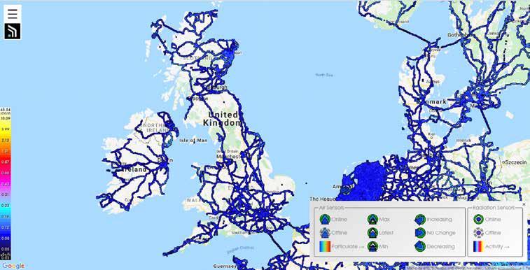 Map of the UK and surrounding areas showing sensor measurement routes and data, with a legend for radiation levels and air quality sensors.