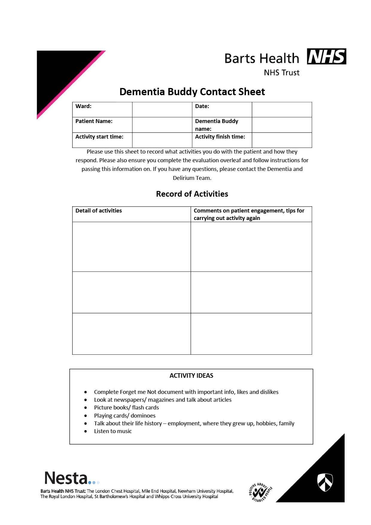 Dementia Buddy Contact Sheet with tables to record patient and buddy details, activity descriptions, comments, and a list of activity ideas.