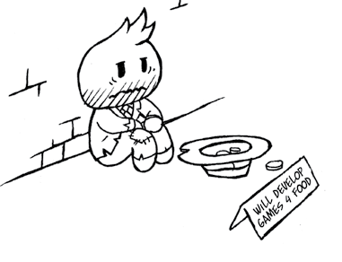Cartoon of a sad, disheveled character sitting on the ground with an upturned hat and a sign saying "WILL DEVELOP GAMES 4 FOOD", depicting developer struggles.