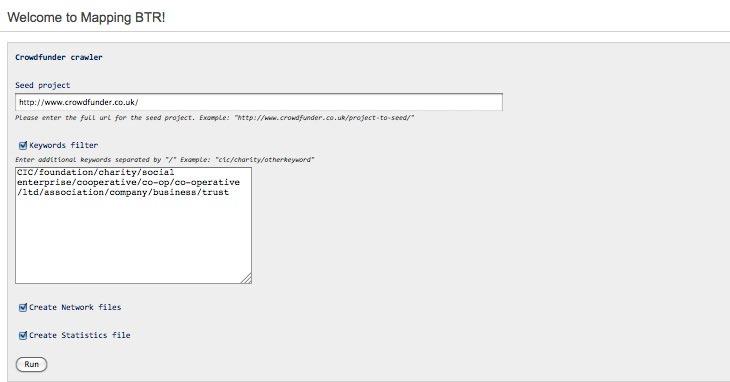 Screenshot of a web application interface named "Mapping BTR!" with input fields for a Crowdfunder crawler, keyword filters, and options to generate network and statistics files.
