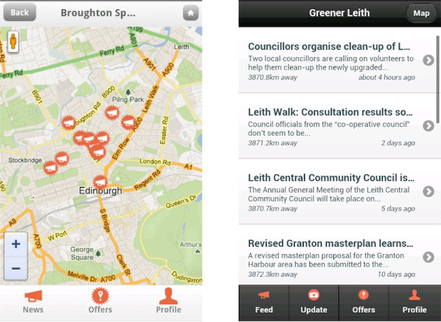 Two mobile app screenshots: one shows a map of Edinburgh with location pins, the other lists news updates with distance information.