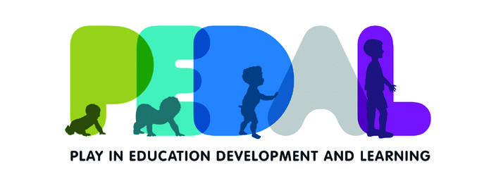 Stylized logo for PEDAL (Play in Education Development and Learning) showing silhouettes of children playing within the letters, representing child development.