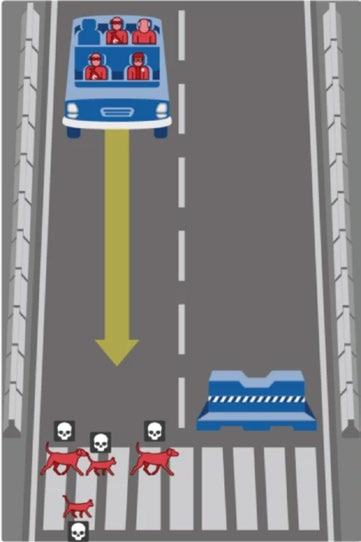 Infographic showing a blue bus driving straight, hitting red dog figures on a crosswalk, illustrating a decision outcome with skull icons for casualties.