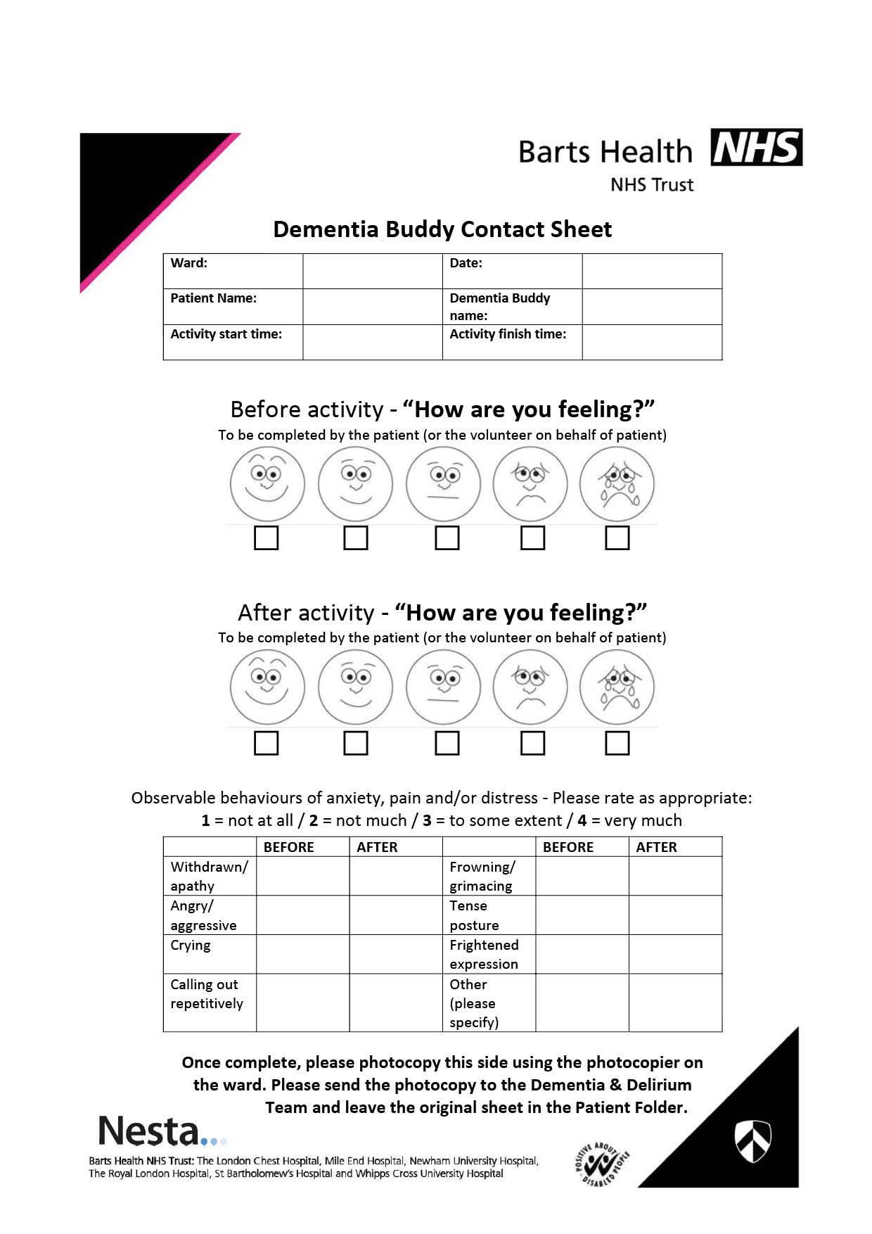 Dementia Buddy Contact Sheet for recording patient feelings before and after activity using face icons, and observing anxiety, pain, or distress behaviors.