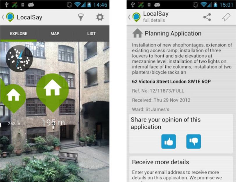 Two mobile app screenshots: one showing an augmented reality view of a building courtyard with location markers and distances, the other detailing a planning application.