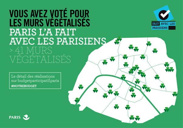 Infographic poster showing a map of Paris with 41 green walls (murs végétalisés) implemented based on citizen votes.
