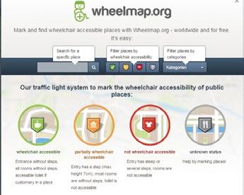 Screenshot of Wheelmap.org website explaining its traffic light system for marking wheelchair accessibility with colored map icons and descriptions.
