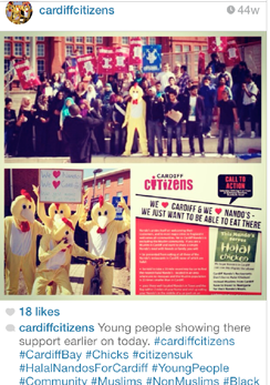 Instagram post by 'cardiffcitizens' showing two photos of people protesting, some in chicken costumes, with a graphic about Halal Nando's.