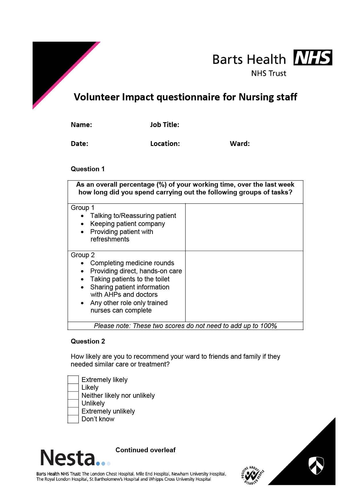 A volunteer impact questionnaire for nursing staff, featuring questions about time spent on tasks, patient recommendation, and personal details.