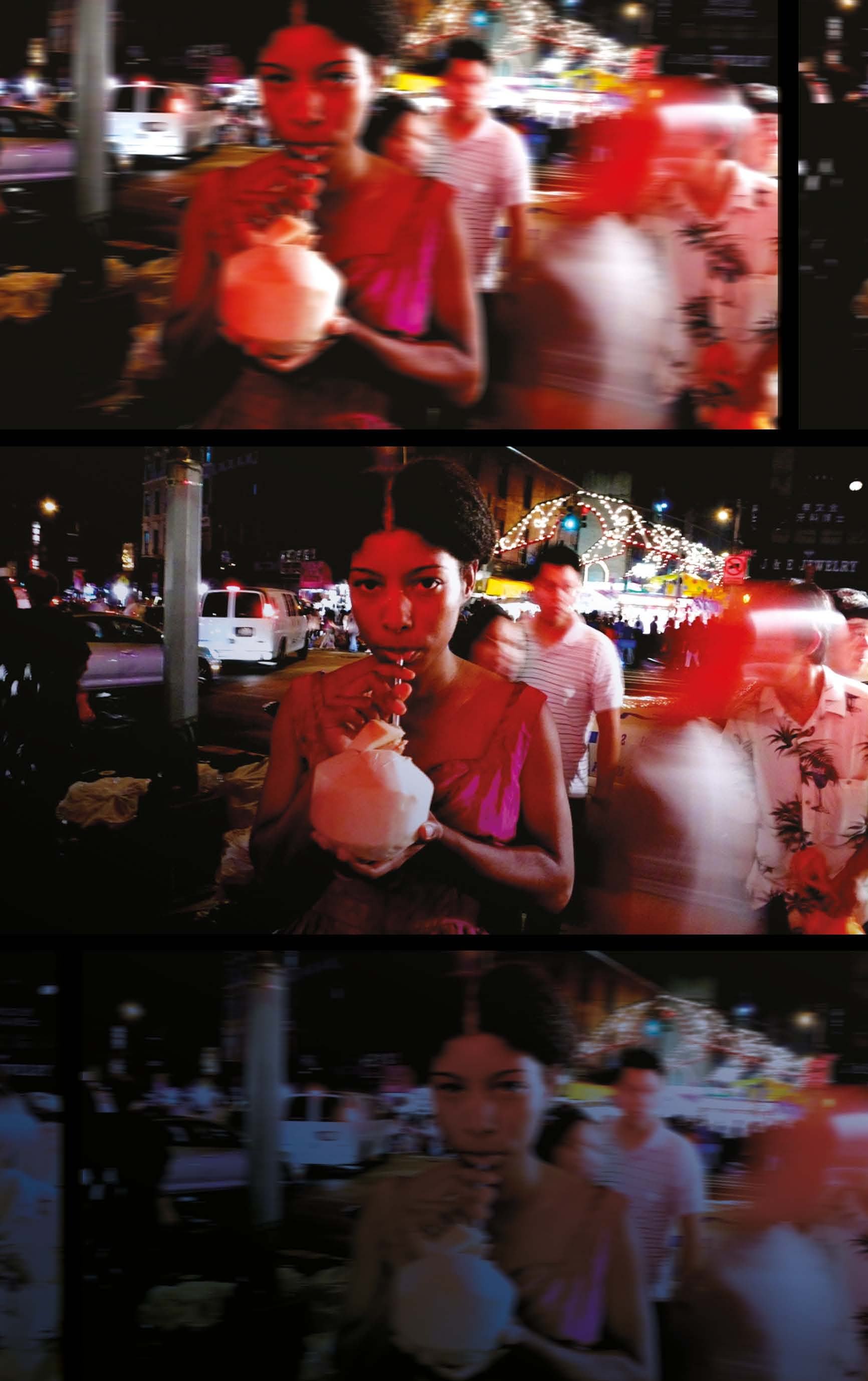 Three panels depicting a woman drinking from a coconut on a busy, lit street at night, with the central panel in focus.