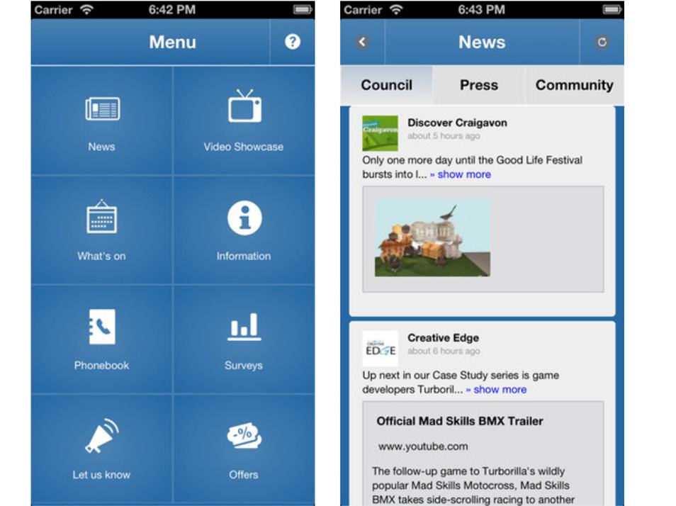 Two mobile app screenshots: one displays a menu with various functional icons, the other shows a news feed including an article with a small illustrative image.