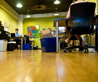 An office interior with wooden floors, lime green walls, and people working at desks.
